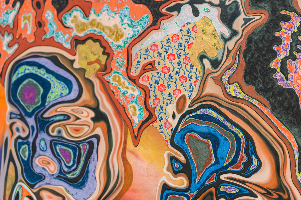 Entwined, AZUKI FURUYA, 2026Collage, Oil, Acrylic on wood panel91.0 × 72.7 cm