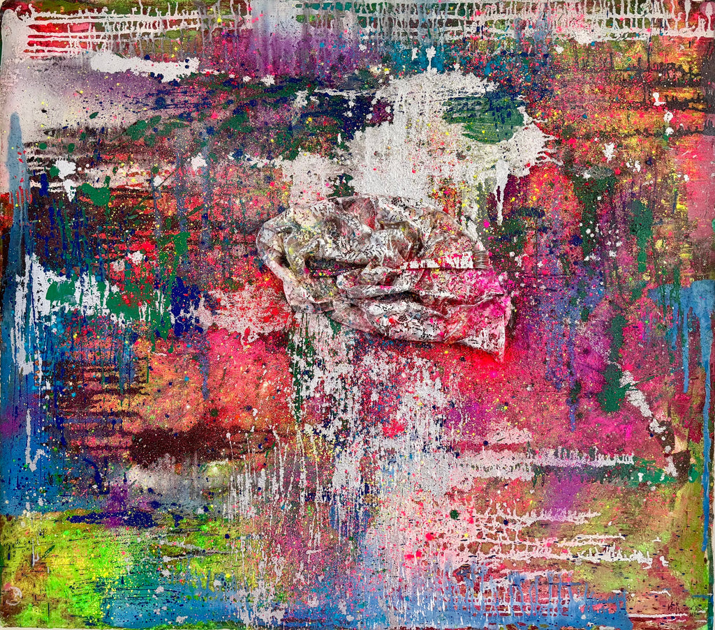 At last, a rain long in the making, PEI BAO, 2025Handmade paper, Tempera, Printing Ink and oil color and fabric106.0 × 120.0 cm