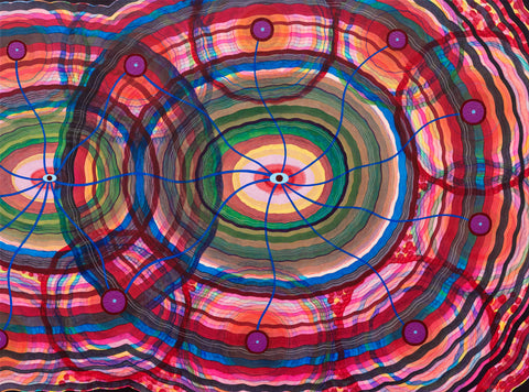 M-Theory76, DAI YING, 2025Mixmedia on Chinese xuan paper96.0 × 130.0 cmMultiple circular orbits intersect and overlap, resembling quantum trajectories and planetary motion. Lines weave through connected nodes, forming a dynamic network. Layered colors reveal the permeability of materials. The work continues the artist’s exploration of a multidimensional universe, juxtaposing the body with cosmic structure.