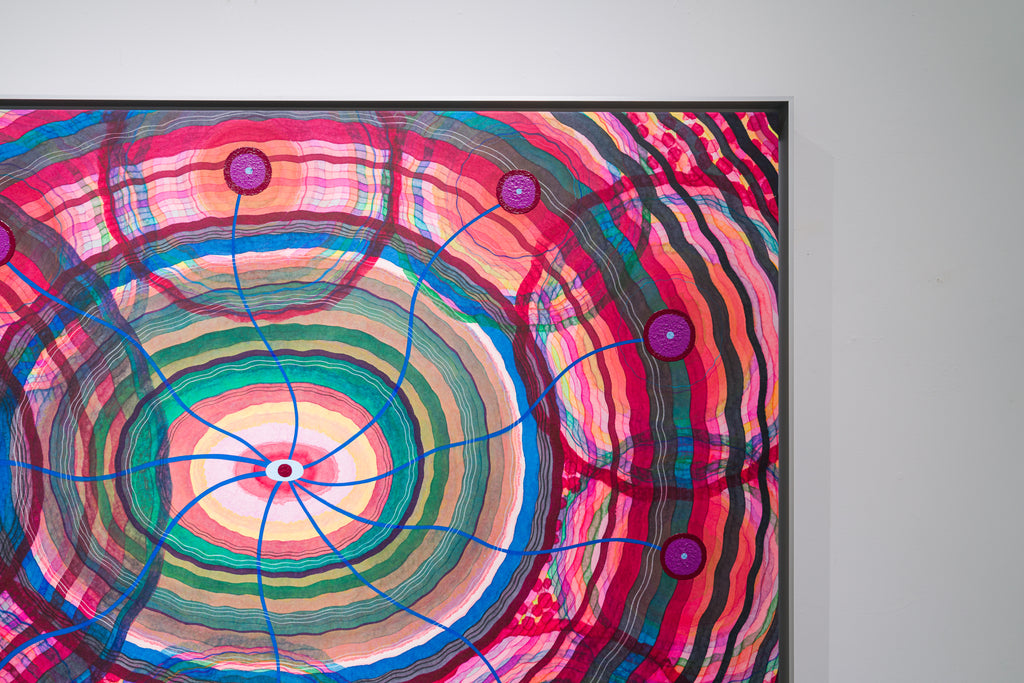 M-Theory76, DAI YING, 2025Mixmedia on Chinese xuan paper96.0 × 130.0 cmMultiple circular orbits intersect and overlap, resembling quantum trajectories and planetary motion. Lines weave through connected nodes, forming a dynamic network. Layered colors reveal the permeability of materials. The work continues the artist’s exploration of a multidimensional universe, juxtaposing the body with cosmic structure.