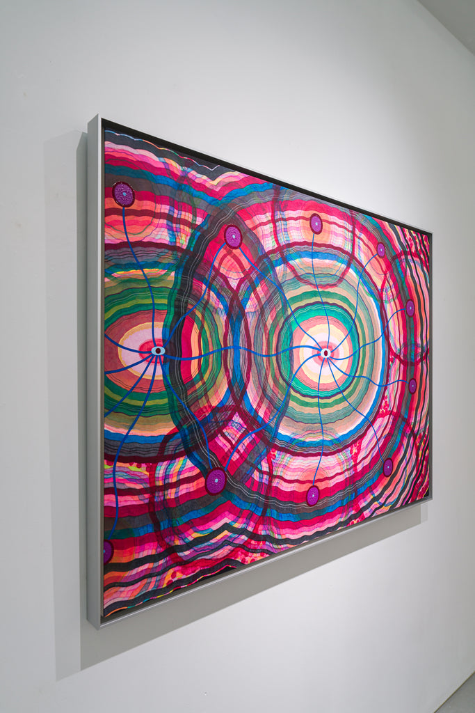 M-Theory76, DAI YING, 2025Mixmedia on Chinese xuan paper96.0 × 130.0 cmMultiple circular orbits intersect and overlap, resembling quantum trajectories and planetary motion. Lines weave through connected nodes, forming a dynamic network. Layered colors reveal the permeability of materials. The work continues the artist’s exploration of a multidimensional universe, juxtaposing the body with cosmic structure.