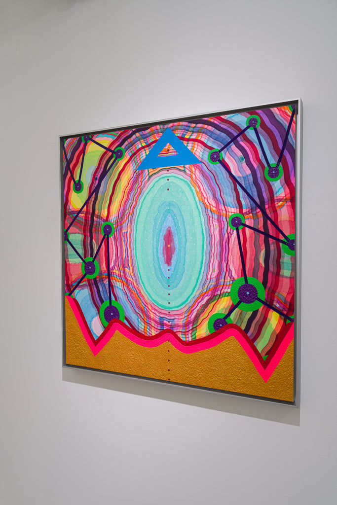 Goddess 23, DAI YING, 2025Mixmedia on Chinese xuan paper90.0 × 90.0 cmAt the center, a turquoise oval appears as a core of life, while the triangle above symbolizes the summit of spirit. Surrounding network-like structures connect nodal points, evoking interstellar and cosmic systems of energy transmission. A golden area at the lower edge stabilizes the composition. The female body is envisioned as a nexus connecting heaven, earth, and collective consciousness.