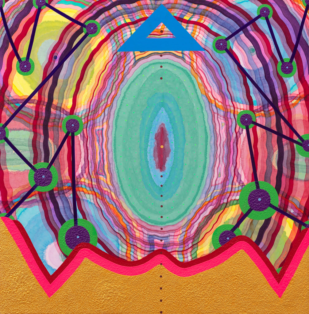 Goddess 23, DAI YING, 2025Mixmedia on Chinese xuan paper90.0 × 90.0 cmAt the center, a turquoise oval appears as a core of life, while the triangle above symbolizes the summit of spirit. Surrounding network-like structures connect nodal points, evoking interstellar and cosmic systems of energy transmission. A golden area at the lower edge stabilizes the composition. The female body is envisioned as a nexus connecting heaven, earth, and collective consciousness.