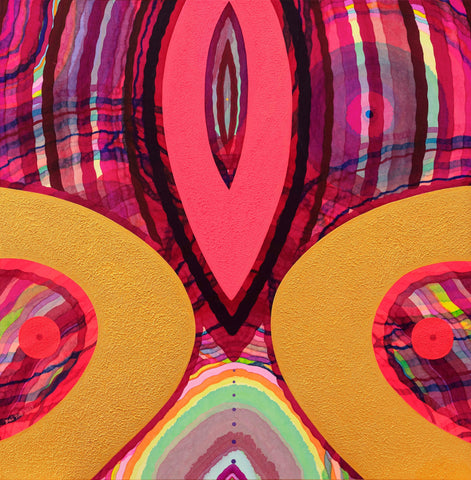 Goddess 25, DAI YING, 2025Mixmedia on Chinese xuan paper90.0 × 90.0 cmThe composition unfolds from an enlarged bodily detail, with a central vertical form that is direct and assertive. Golden arcs and layered color bands create a structure of enclosure—both intimate and solemn. The intense colors retain a soft texture, reinforcing the sacredness of the female body and its aKirmation of selfhood.