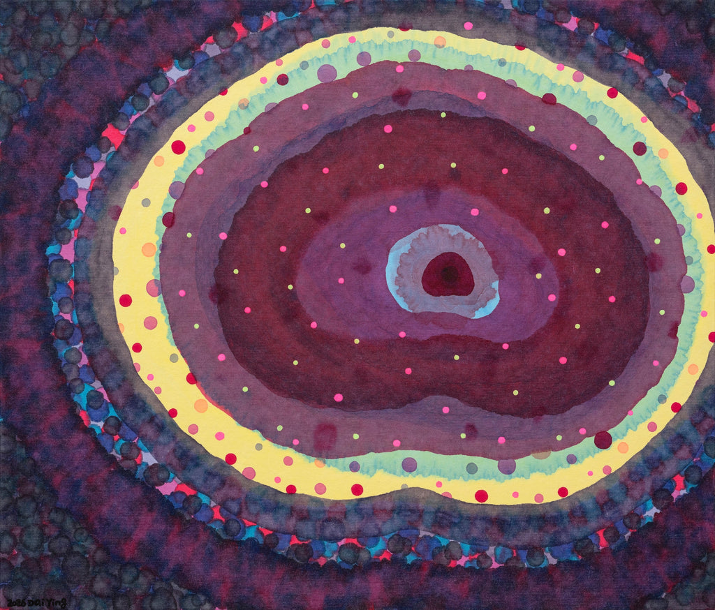 Flower of Life 2, DAI YING, 2026Chinese painting pigments, Japanese pigments, acrylic, and Chinese xuan paper mounted on canvas38.0 × 45.0 cmThe painting presents an elliptical radiating structure, with layers of color rings enveloping the center. Deep purple and soft yellow create a tranquil atmosphere. Dot-like details scatter like stars, symbolizing seeds of life. The work turns inward, transforming cosmic structure into a contemplative meditative space.