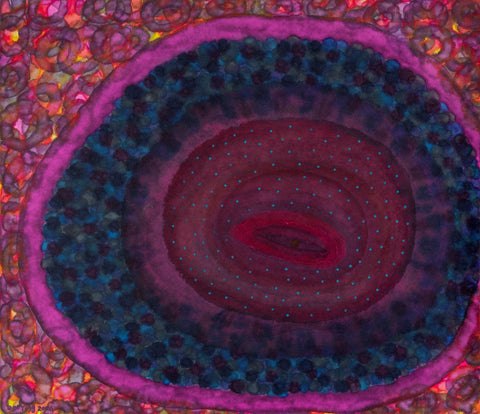 Flower of Life 3, DAI YING, 2026Chinese painting pigments, Japanese pigments, acrylic, and Chinese xuan paper mounted on canvas45.0 × 52.0 cmA dark center gradually transitions outward, while the edges display complex textures reminiscent of cellular clusters. The vortex-like descent emphasizes time and becoming. The female body imagery is abstracted into the core mechanism of cyclical life.