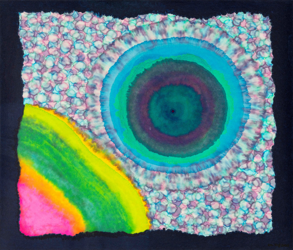 Flower of Life 6, DAI YING, 2026Chinese painting pigments, Japanese pigments, acrylic, and Chinese xuan paper mounted on canvas45.0 × 52.0 cmA central green concentric form contrasts with densely patterned floral motifs surrounding it. A rainbow-like arc in the lower left disrupts equilibrium, introducing movement. The work emphasizes the diversity and generative state of the life field, presenting an open cosmology.