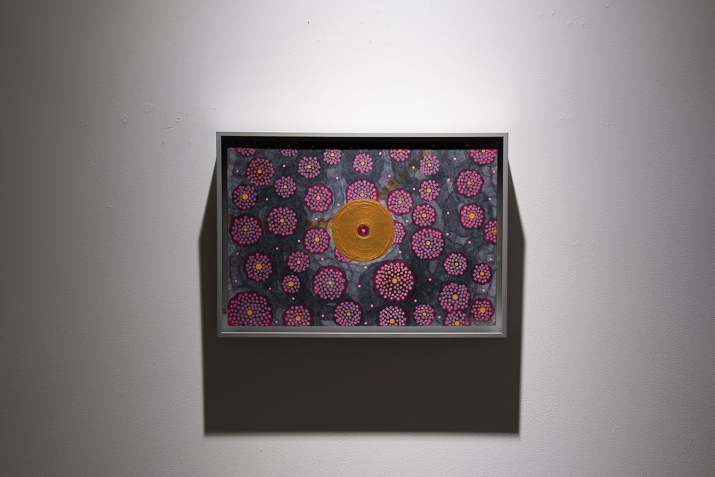 Flower of Life 5, DAI YING, 2026Chinese painting pigments, Japanese pigments, acrylic, and Chinese xuan paper mounted on silk23.5 × 33.5 cmAgainst a gray background, repeated floral forms are densely arranged, while a golden disc at the center highlights core energy.Order and diKerence coexist, evoking individual consciousness within the collective and the infinity of life. Mounted on silk, the work enhances the sensorial quality of Eastern materials,returning to meditation and spiritual symbolism.