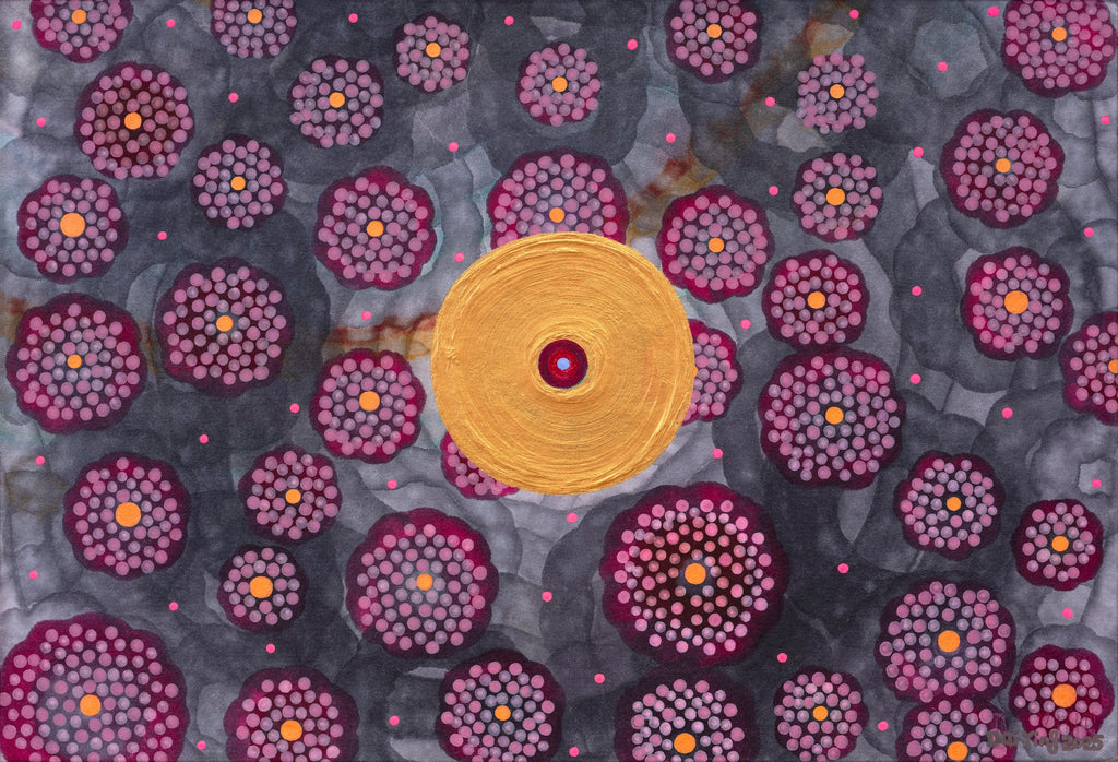 Flower of Life 5, DAI YING, 2026Chinese painting pigments, Japanese pigments, acrylic, and Chinese xuan paper mounted on silk23.5 × 33.5 cmAgainst a gray background, repeated floral forms are densely arranged, while a golden disc at the center highlights core energy.Order and diKerence coexist, evoking individual consciousness within the collective and the infinity of life. Mounted on silk, the work enhances the sensorial quality of Eastern materials,returning to meditation and spiritual symbolism.