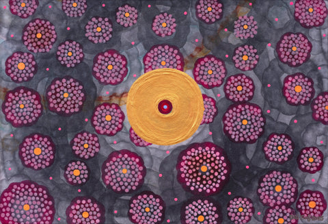 Flower of Life 5, DAI YING, 2026Chinese painting pigments, Japanese pigments, acrylic, and Chinese xuan paper mounted on silk23.5 × 33.5 cmAgainst a gray background, repeated floral forms are densely arranged, while a golden disc at the center highlights core energy.Order and diKerence coexist, evoking individual consciousness within the collective and the infinity of life. Mounted on silk, the work enhances the sensorial quality of Eastern materials,returning to meditation and spiritual symbolism.