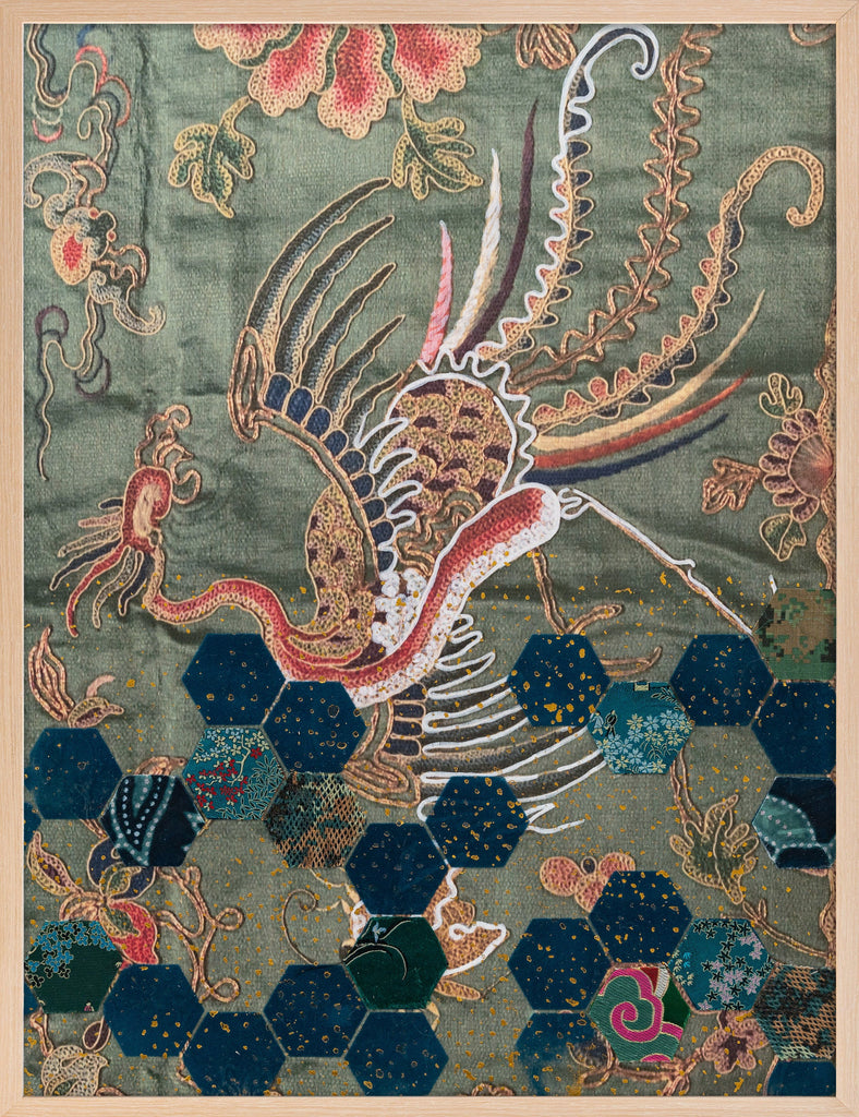 The Garden City #4 (Phoenix), DEBORAH MCKELLAR, 2023Acrylic Painting, Silkscreen Printing, Digital Printing, Markers, Colour Pencils, Pastels, Gold Leaf, Flocking and Fabric on Wooden Panel60.0 × 45.0 cm