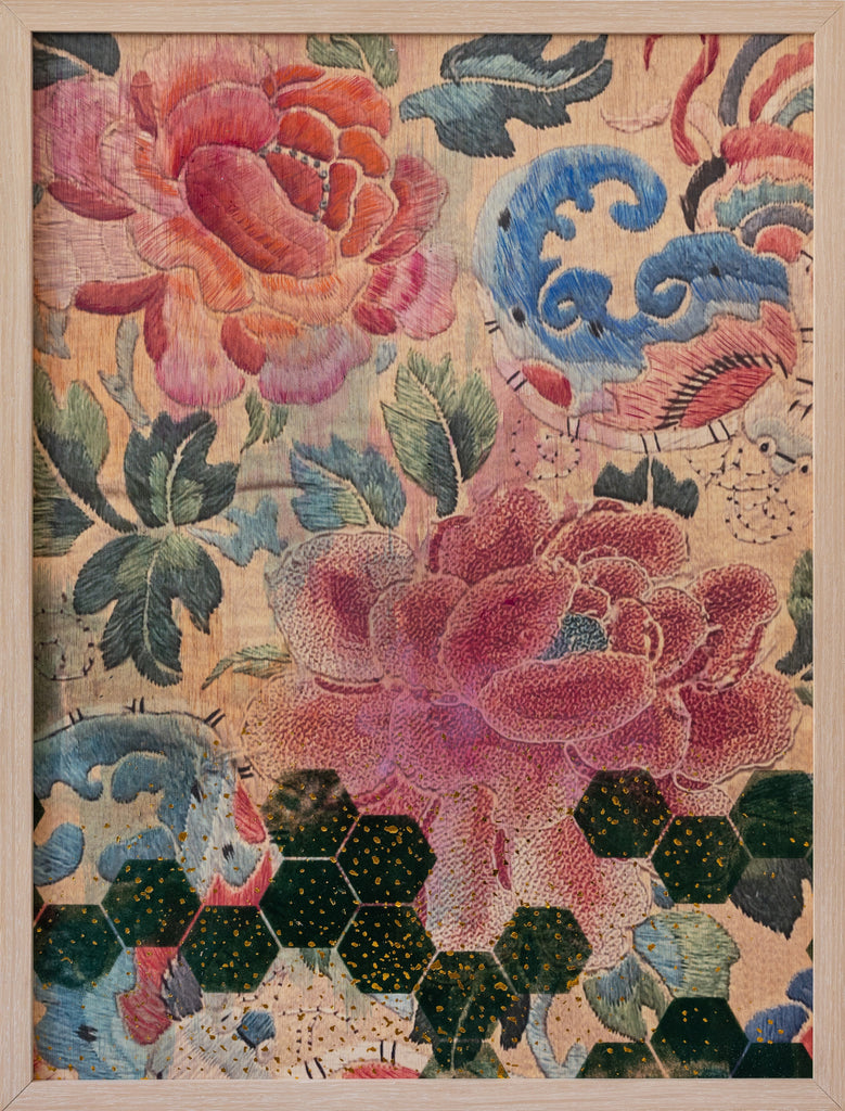 The Garden City #7 (Embroidery), DEBORAH MCKELLAR, 2023Acrylic Painting, Silkscreen Printing, Digital Printing, Markers, Colour Pencils, Pastels, Gold Foil and Flocking on Wooden Panel60.0 × 45.0 cm