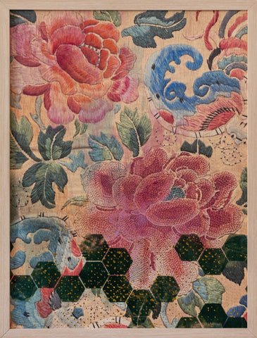 The Garden City #7 (Embroidery), DEBORAH MCKELLAR, 2023Acrylic Painting, Silkscreen Printing, Digital Printing, Markers, Colour Pencils, Pastels, Gold Foil and Flocking on Wooden Panel60.0 × 45.0 cm