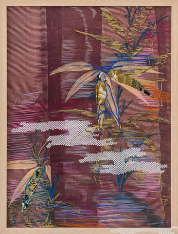 Kimono Gardens #2 (Bamboo), DEBORAH MCKELLAR, 2025Acrylic Painting, Silkscreen Printing, Digital Printing, Markers, Colour Pencils, Pastels, Gold Leaf and Fabric on Wooden Panel60.0 × 45.0 cm