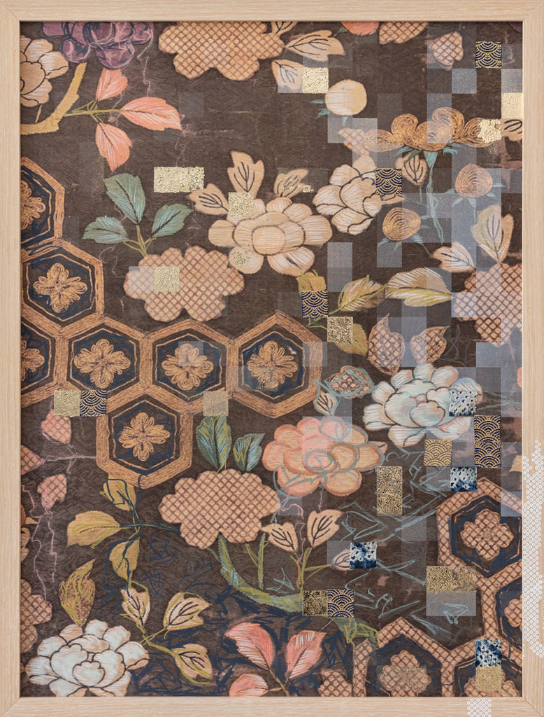 Kimono Gardens #3 (Antique), DEBORAH MCKELLAR, 2025Acrylic Painting, Silkscreen Printing, Digital Printing, Markers, Colour Pencils, Pastels, Gold Leaf and Fabric on Wooden Panel60.0 × 45.0 cm