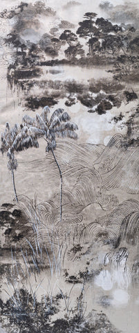 Night Meanders, DEBORAH MCKELLAR, 2024Acrylic Painting, Silkscreen Printing and Silver Leaf on Linen Canvas154.0 × 65.0 cm