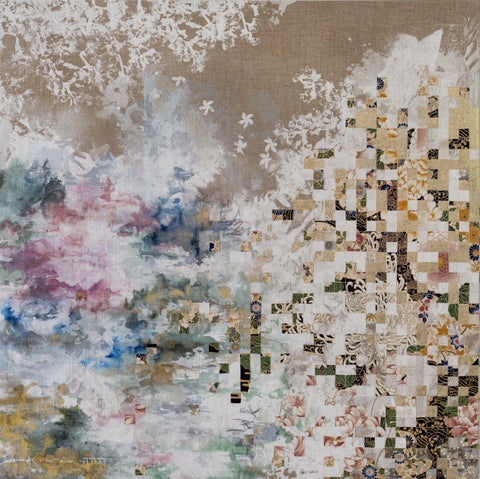 Deconstructed Kimono (Spring), DEBORAH MCKELLAR, 2024Acrylic Painting, Silkscreen Printing , Colour Pencils, Pastels, Gold Leaf, Fabric Applique & Stitchwork on Linen Canvas102.0 × 102.0 cm