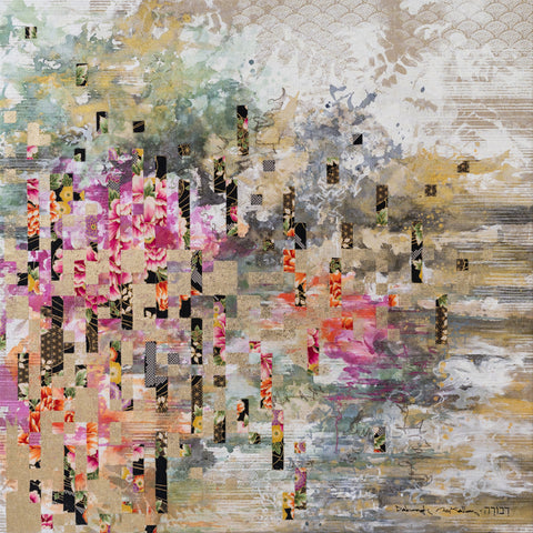 Deconstructed Kimono (Summer), DEBORAH MCKELLAR, 2024Acrylic Painting, Silkscreen Printing , Colour Pencils, Pastels, Gold Leaf, Fabric Applique & Stitchwork on Linen Canvas102.0 × 102.0 cm