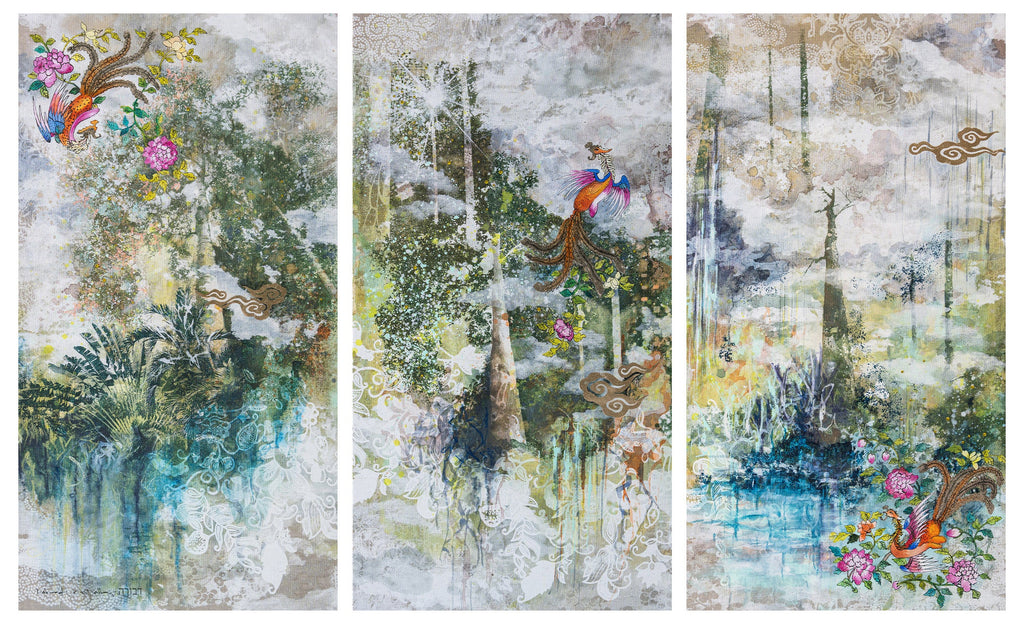 Where the Phoenix Flies, DEBORAH MCKELLAR, 2025Acrylic Painting, Silkscreen Printing, Foiling, Resin Gemstones on Linen Canvas86.0 × 46.0 (per panel) cm