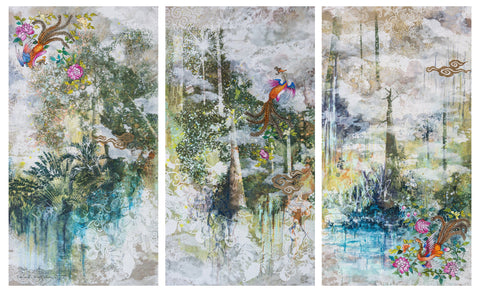 Where the Phoenix Flies, DEBORAH MCKELLAR, 2025Acrylic Painting, Silkscreen Printing, Foiling, Resin Gemstones on Linen Canvas86.0 × 46.0 (per panel) cm