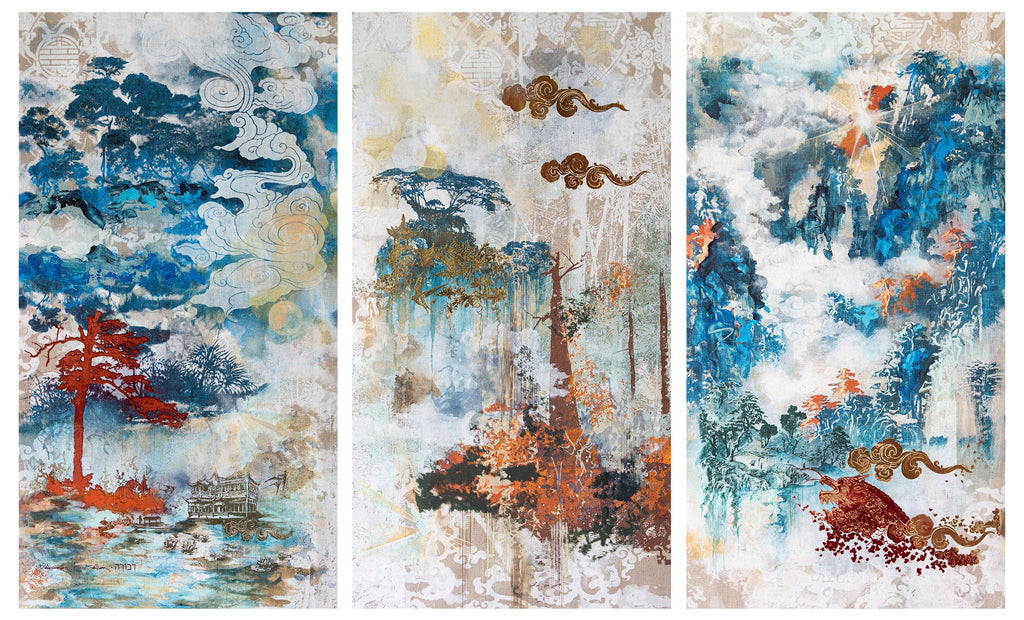 Dragon’s Nest, DEBORAH MCKELLAR, 2025Acrylic Painting, Silkscreen Printing, Foiling, Resin Gemstones on Linen Canvas86.0 × 46.0 (per panel) cm