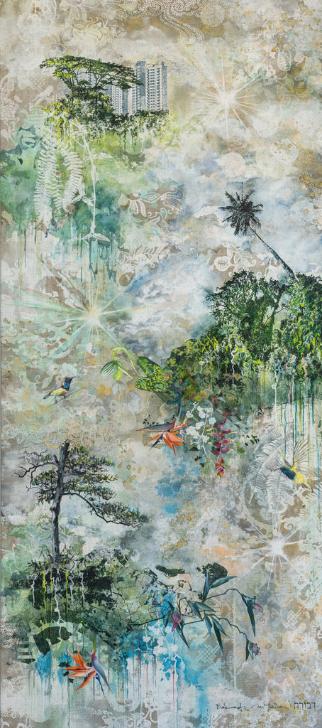 Floating Islands, DEBORAH MCKELLAR, 2024Acrylic Painting, Silkscreen Printing and Colour Pencils on Linen Canvas157.0 × 70.0 cm