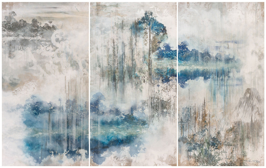 Monsoon Rains, DEBORAH MCKELLAR, 2023Acrylic Painting, Silkscreen Printing, Pastels, Silver Foiling, Resin Gemstones and Stitchwork on Linen Canvas160.0 × 85.0 (per panel) cm
