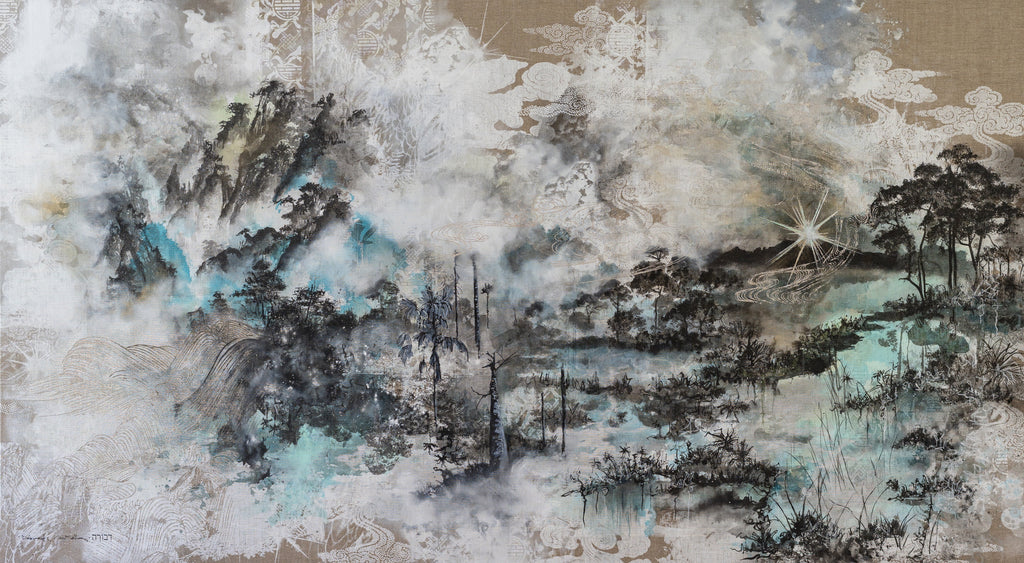 Spirit Mountain Lake, DEBORAH MCKELLAR, 2024Acrylic Painting, Silkscreen Printing, Colour Pencils, Pastels, Silver Leaf and Resin Gemstones on Linen Canvas135.5 × 245.0 cm