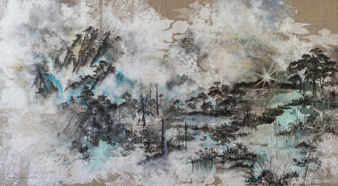 Spirit Mountain Lake, DEBORAH MCKELLAR, 2024Acrylic Painting, Silkscreen Printing, Colour Pencils, Pastels, Silver Leaf and Resin Gemstones on Linen Canvas135.5 × 245.0 cm