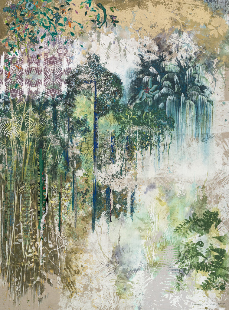 Rewilding the Muted, DEBORAH MCKELLAR, 2025Acrylic Painting, Silkscreen Printing, Colour Pencils, Pastels, Flocking and Metallic Foil on Linen Canvas200.0 × 148.0 cm