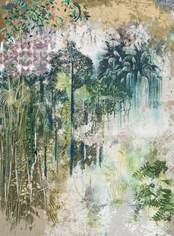 Rewilding the Muted, DEBORAH MCKELLAR, 2025Acrylic Painting, Silkscreen Printing, Colour Pencils, Pastels, Flocking and Metallic Foil on Linen Canvas200.0 × 148.0 cm