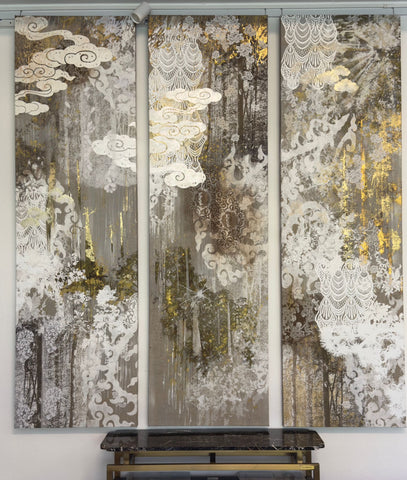 Forest of Lace, DEBORAH MCKELLAR, 2025Acrylic Painting, Silkscreen Printing, Puff Paint, Metallic Foils, Lace Fabric Applique and Stitchwork on Linen Canvas200.0 × 58.0 (per panel) cm