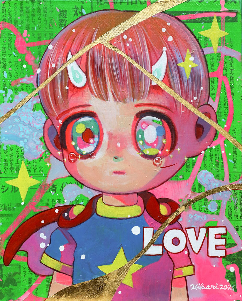 To Broken Things #4, HIKARI SHIMODA, 2025Acrylic, Oil on canvas with newspaper and gold leaf27.3 × 22.0 cm