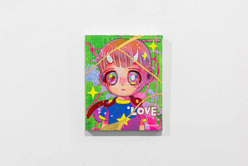 To Broken Things #4, HIKARI SHIMODA, 2025Acrylic, Oil on canvas with newspaper and gold leaf27.3 × 22.0 cm