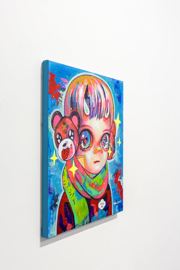 Children of This Planet #59, HIKARI SHIMODA, 2023Acrylic, Oil on canvas with newspaper collage45.5 × 38.0 cm