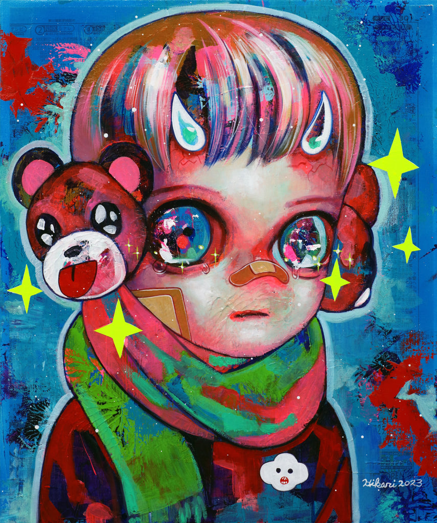 Children of This Planet #59, HIKARI SHIMODA, 2023Acrylic, Oil on canvas with newspaper collage45.5 × 38.0 cm