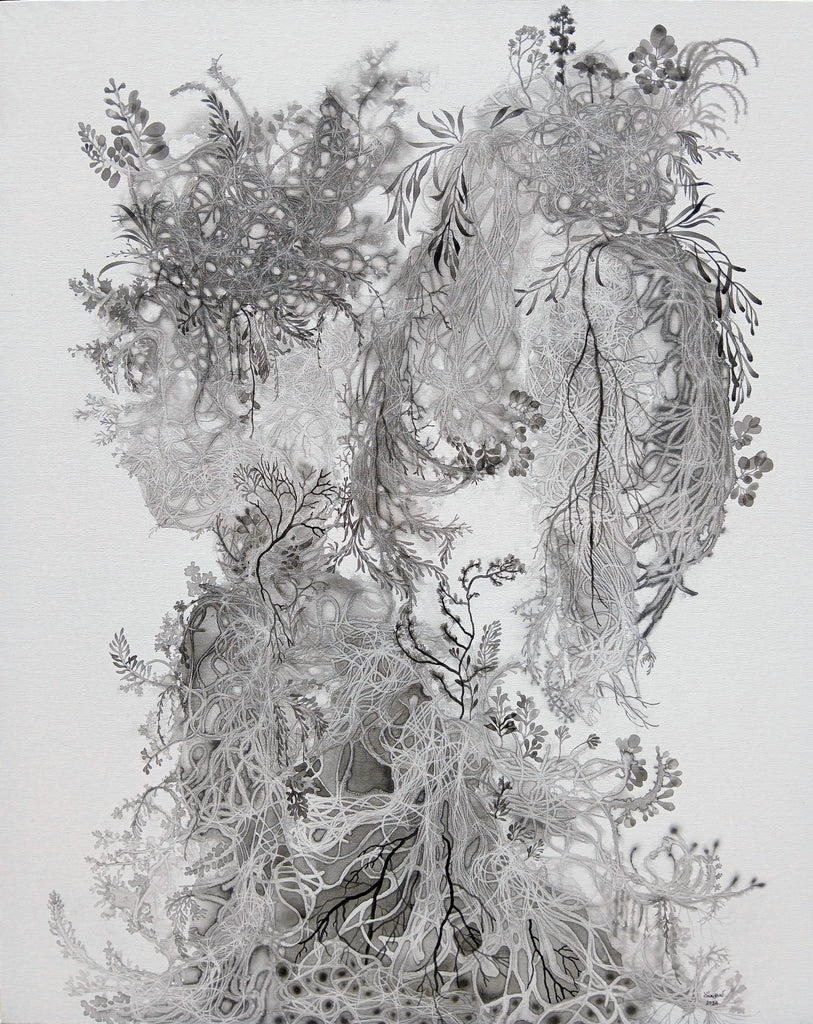 Earth Blossom No.1, Imhathai SUWATTHANASILP, 2024Mixed technique mono print with human hair, Acrylic, Graphite, Charcoal on canvas75.0 × 60.0 × 5.0 cm