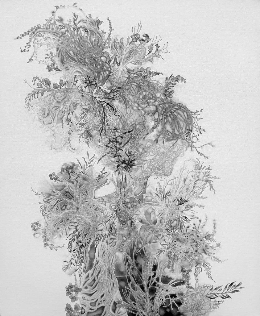 Earth Blossom No.2, Imhathai SUWATTHANASILP, 2024Mixed technique mono print with human hair, Acrylic, Graphite, Charcoal on canvas75.0 × 60.0 × 5.0 cm