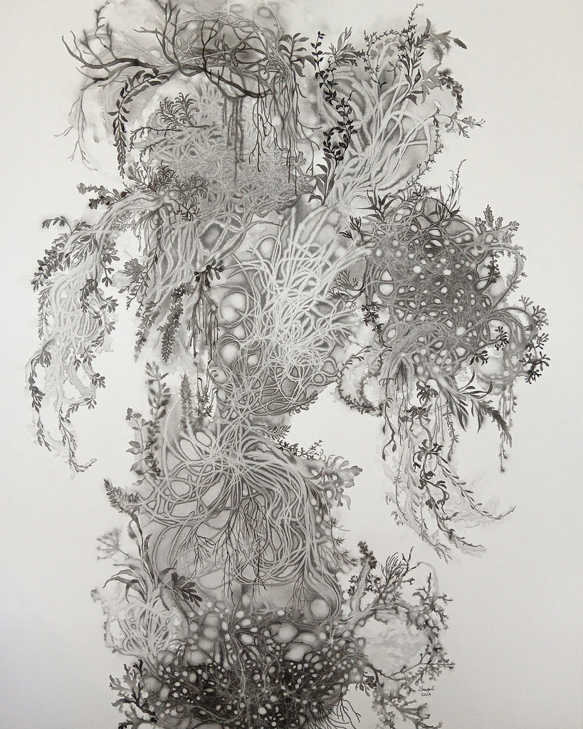 Earth Blossom No.5, Imhathai SUWATTHANASILP, 2024Mixed technique mono print with human hair, Acrylic, Graphite, Charcoal on canvas75.0 × 60.0 × 5.0 cm