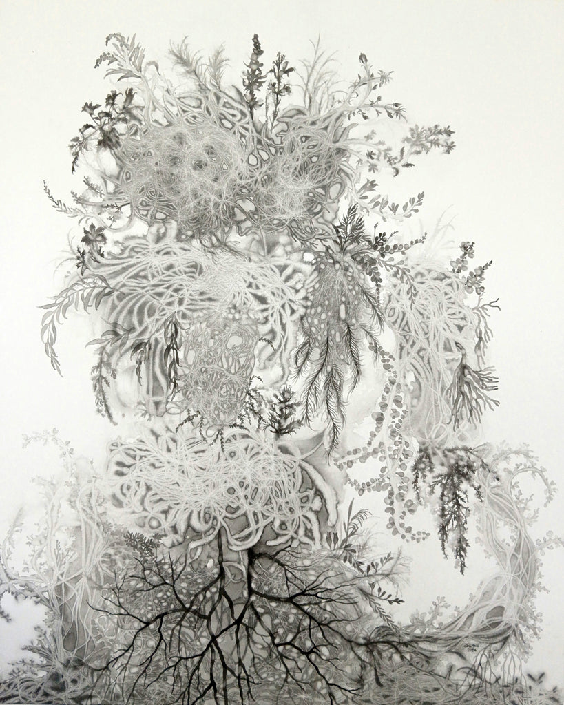 Earth Blossom No.6, Imhathai SUWATTHANASILP, 2024Mixed technique mono print with human hair, Acrylic, Graphite, Charcoal on canvas75.0 × 60.0 × 5.0 cm