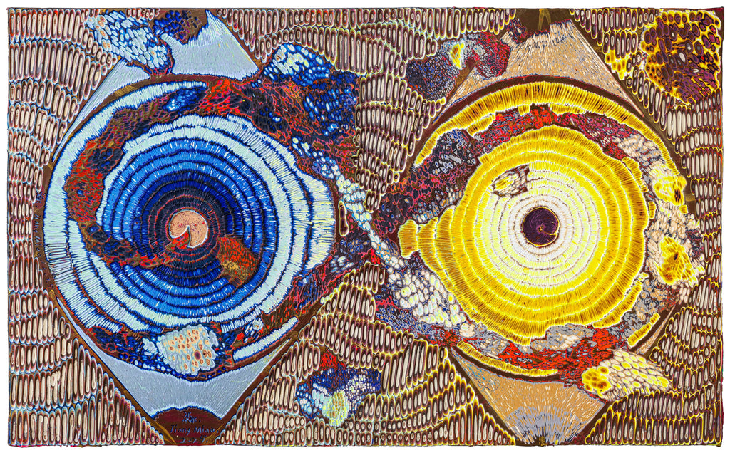 Heavenly Eyes 20250118, JIANG MIAO, 2025Acrylic on wooden board, Carving55.0 × 90.0 cm