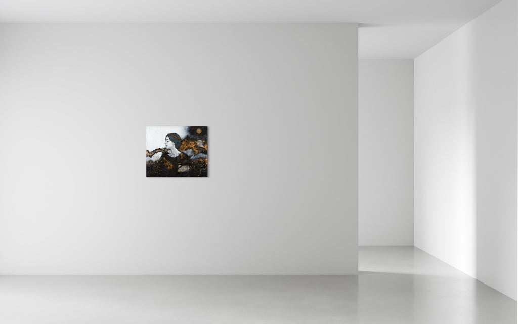 Scent of Dawn, KENKI TSUJIMOTO, 2024Panel, acrylic,natural mineral pigments,gold leaf,old documents (1870 )60.6 × 72.7 cm