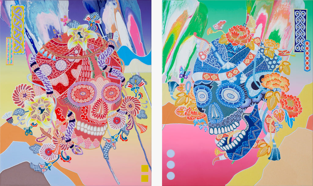Flowing Skull A-UN col.1, KOHEI KYOMORI, 2023Mineral pigments and UV resin on canvas(each)80.3 × 65.3 × 4.0 cm