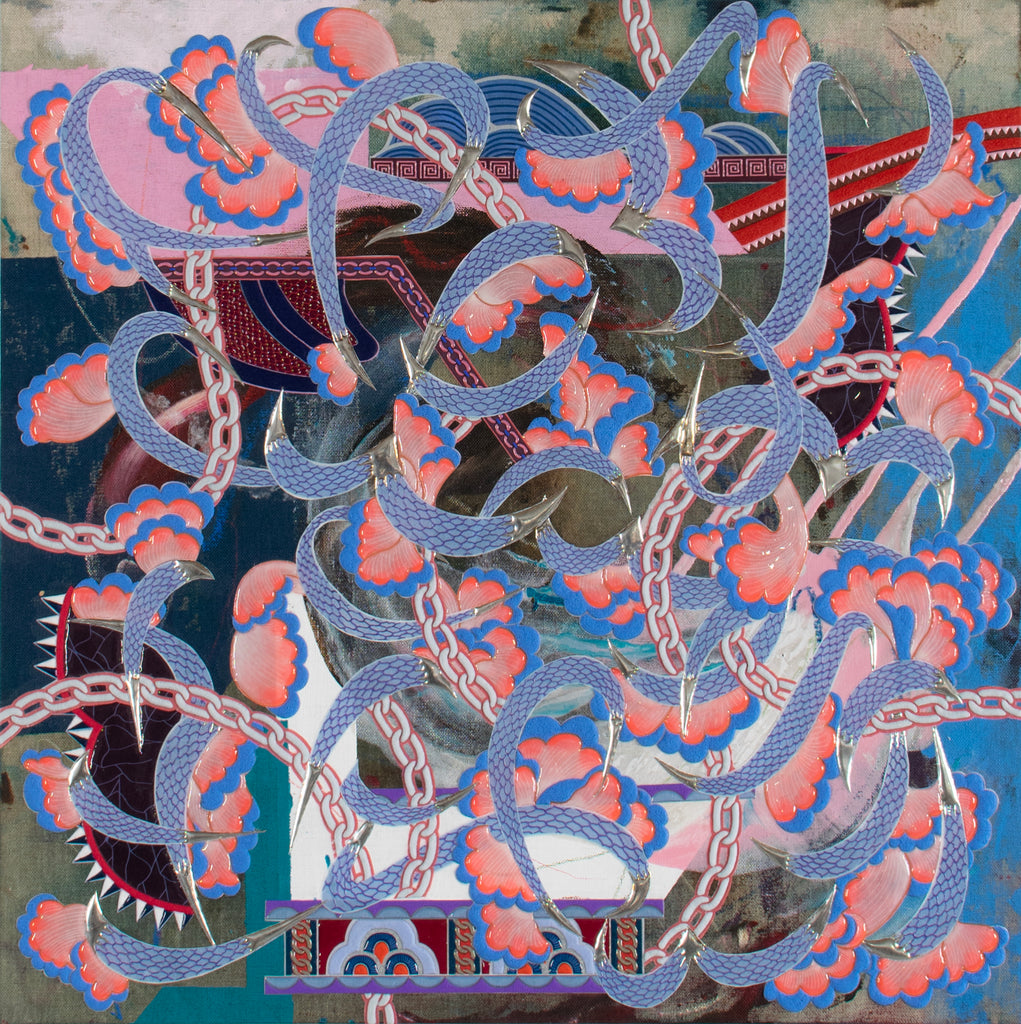 Self Decoration #4, KOHEI KYOMORI, 2026Acrylic, Printed washi paper, Resin, Mineral pigments on canvas53.0 × 53.0 × 2.2 cm