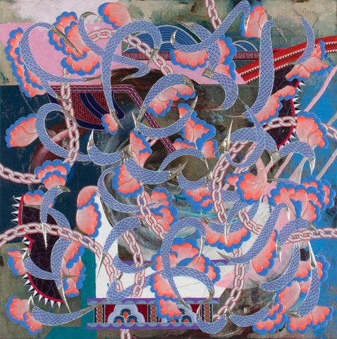 Self Decoration #4, KOHEI KYOMORI, 2026Acrylic, Printed washi paper, Resin, Mineral pigments on canvas53.0 × 53.0 × 2.2 cm