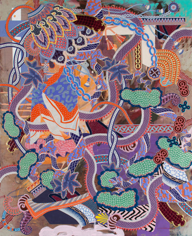 Self Decoration #7, KOHEI KYOMORI, 2026Acrylic, Printed washi paper, Resin, Mineral pigments on canvas110.0 × 90.0 × 4.0 cm