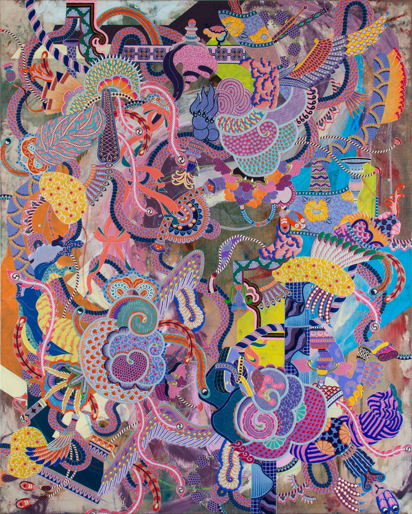 Self Decoration #9, KOHEI KYOMORI, 2026Acrylic, Printed washi paper, Resin, Mineral pigments on canvas162.5 × 130.5 × 3.0 cm