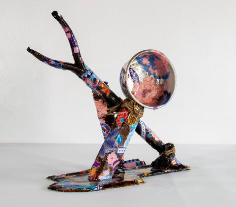 Covered Remains #2, KOHEI KYOMORI, 2026Wood, Steel, Cow dung, Found materials, Printed washi paper and resin49.0 × 21.0 × 44.5 cm