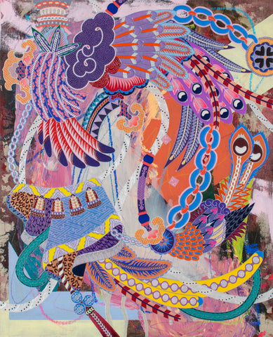 Self Decoration #10, KOHEI KYOMORI, 2026Acrylic, Printed washi paper, Resin, Mineral pigments on canvas60.6 × 50.0 × 2.4 cm