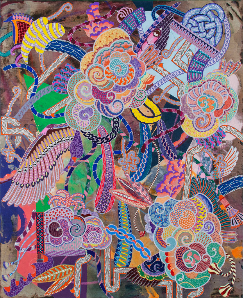 Self Decoration #12, KOHEI KYOMORI, 2026Acrylic, Printed washi paper, Resin, Mineral pigments on canvas110.0 × 90.0 × 4.0 cm